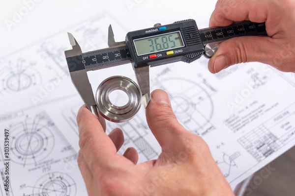 Fototapeta Hands of an engineer measures a metal part with a digital vernier caliper against the background of technical drawings. Quality control of parts machined on a lathe.