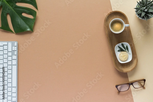Fototapeta Coffee cab glasses plant top view with copy space for your text. flat lay.