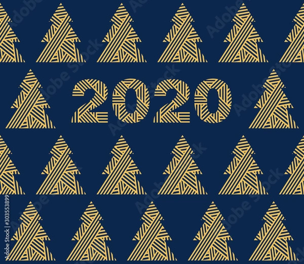 Fototapeta Christmas seamless pattern with abstract gold trees. Happy New Year 2020. Dark blue background for gift wraps, textiles, wallpapers and scrapbook. Vector.
