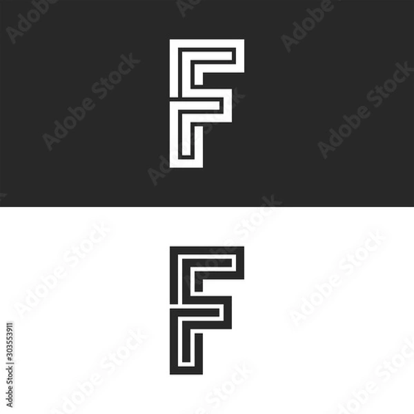 Fototapeta Ornate monogram letter F logo creative art work interweaving black and white lines in the form of a maze
