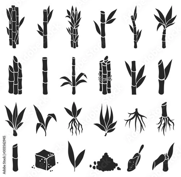 Fototapeta Sugar cane black vector illustration on white background.Sugarcane set icon.Vector illustration of sweet sugar.Set icon of sugarcane plantation.