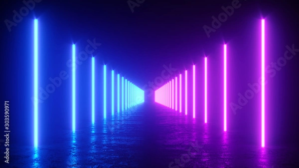 Obraz 3d render ilustracji świecących linii pionowych, neonów, abstrakcyjnego tła vintage, ultrafioletu, żywych kolorów widma, pokaz laserowy