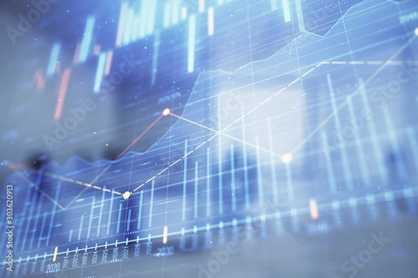 Fototapeta Stock market chart with trading desk bank office interior on background. Double exposure. Concept of financial analysis