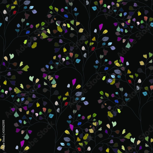 Fototapeta Floral seamless  of small leaf., endless pattern on dark background  Seamless pattern can be used for wallpaper and textile, pattern fills, web page background, surface textures.