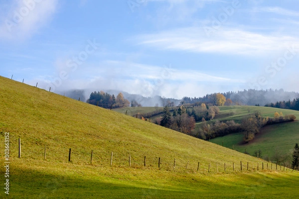 Obraz Grüne Almwiese mit WEidezaun und blauem Himmel Wolken