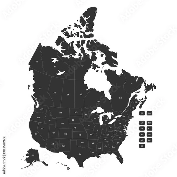 Fototapeta Regionalna mapa stanów USA i wektor prowincji Kanady