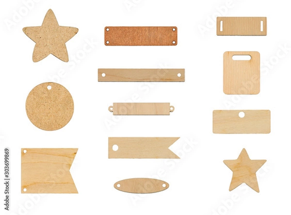Obraz The set of wooden labels of different shapes and colors. Isolated picture.