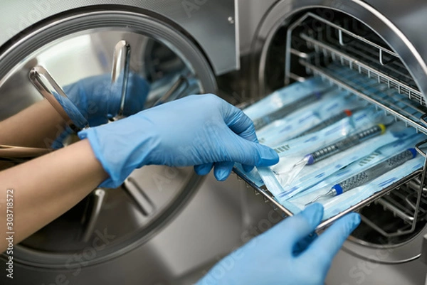 Obraz Doctor is taking dental probe from sterilize machine