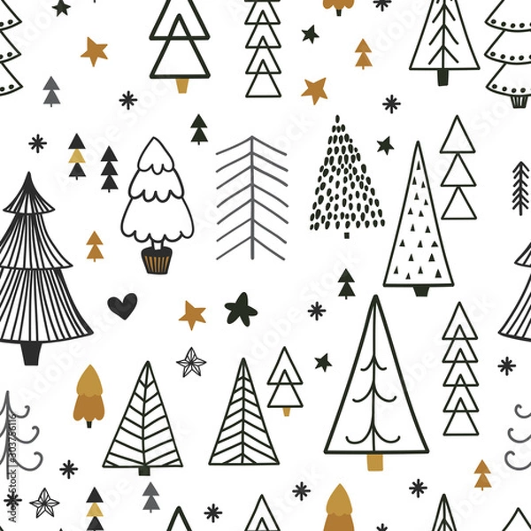Fototapeta Trees pattern background, Scandinavian hand drawn vector illustration