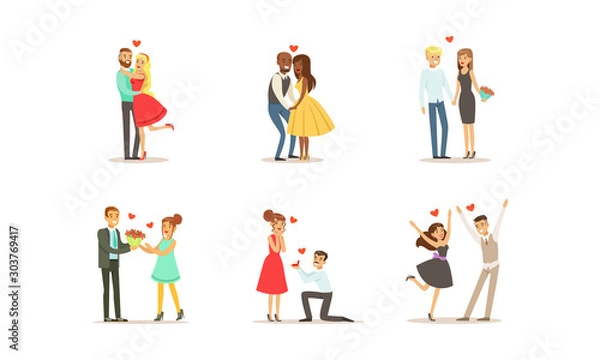 Fototapeta Couples On Dates Vector Illustrations Set. Young Man and Woman Embracing Each Other