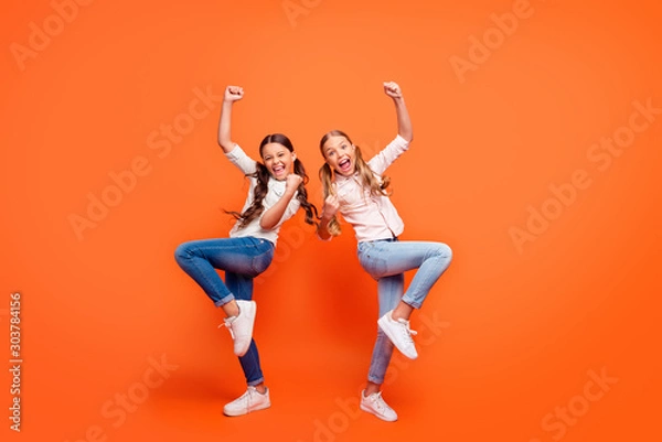 Obraz Full size photo of delighted expression crazy funky two girlfriends celebrate competition win scream yeah raise fists wear casual style outfit isolated orange color background
