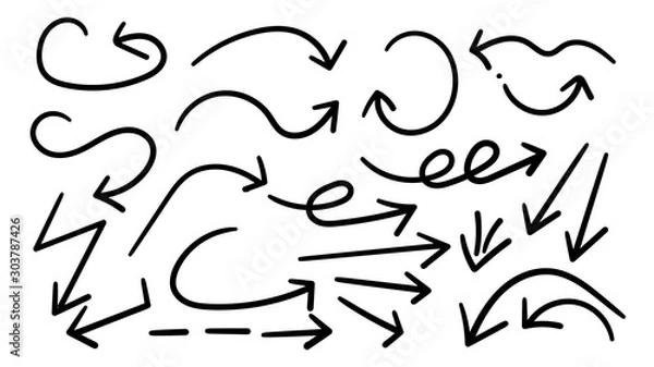 Fototapeta Arrows hand drawn doodle vector set. Sketch arrow design for application, banner, print screen, pen marks, map and typography design guide line.