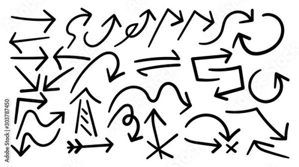 Fototapeta Arrows hand drawn doodle vector set. Sketch arrow design for application, banner, print screen, pen marks, map and typography design guide line.
