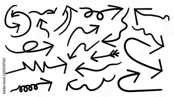Fototapeta Arrows hand drawn doodle vector set. Sketch arrow design for application, banner, print screen, pen marks, map and typography design guide line.