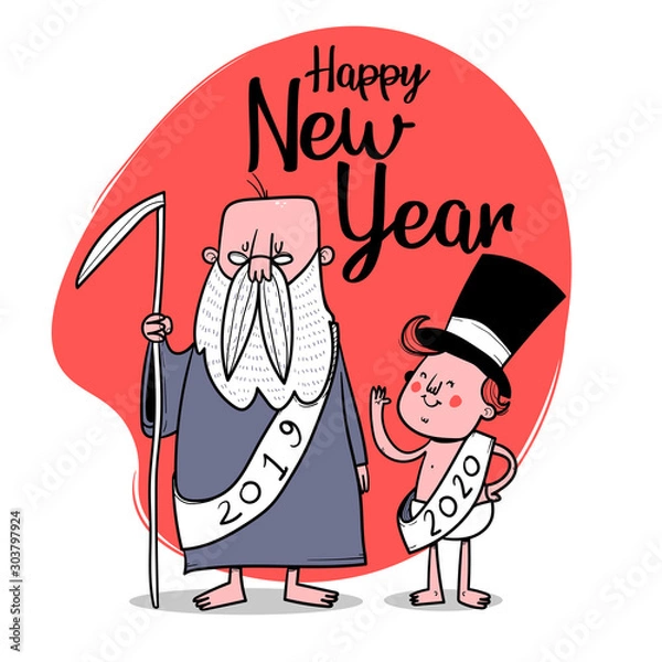 Fototapeta Happy New Year. Old year and new year characters. Vector illustration