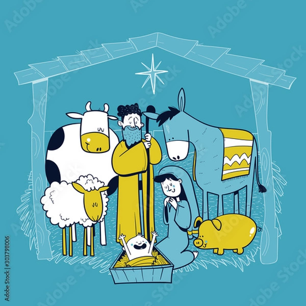 Fototapeta Holy family manger scene with animals. card of merry christmas. Pesebre. vector illustration