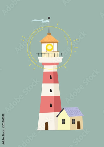 Fototapeta Cartoon lighthouse in a scandinavian style. Vector illustration. Perfect for play room design and posters for your kid's room.