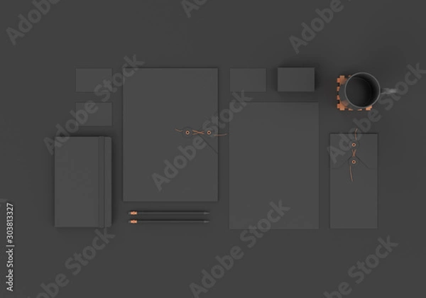Fototapeta Base black stationery mockup template for branding identity on dark background for graphic designers presentations and portfolios. 3D rendering.
