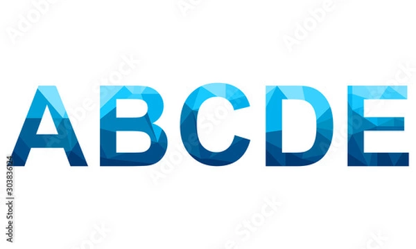 Fototapeta Set of blue vector polygon letters from A to E fonts. Low poly illustration of flat design.