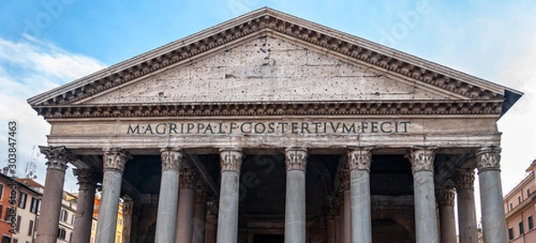 Obraz Rome Italy. Detail of the facade of the Pantheon, a majestic temple of the Roman Empire. The Latin inscription remembers the builder "Marco Agrippa, son of Lucio, consul for the third time, he built"