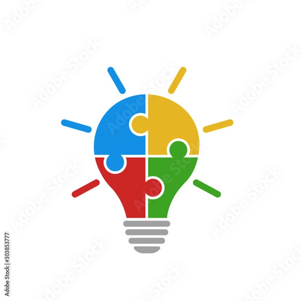 Fototapeta Light bulb vector icon from colorful jigsaw puzzle pieces on white background. Four puzzle pieces connected to each other