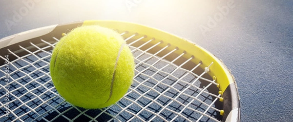 Obraz Close-up shots of tennis balls in tennis courts With a mesh as a blurred background And the light shining on the ground makes the image beautiful