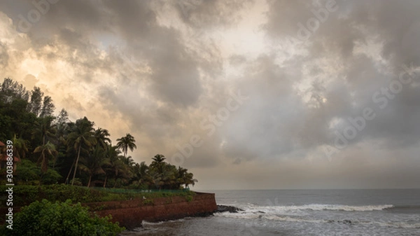 Fototapeta Landscape of the seashores of Goa with sky, clouds and palm trees during monsoon