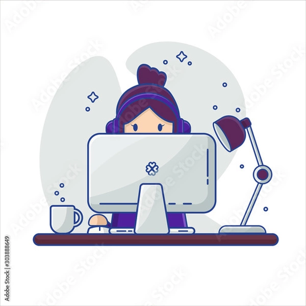 Obraz Vector flat illustration with cartoon support woman. Woman in headphones works in an office behind a computer. A worker has a lamp and a mug of coffee on the table.