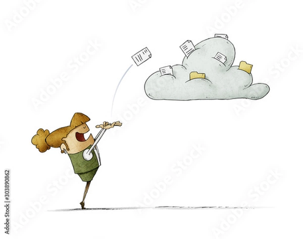 Obraz Business woman is launching a document to a cloud where there are more documents. isolated