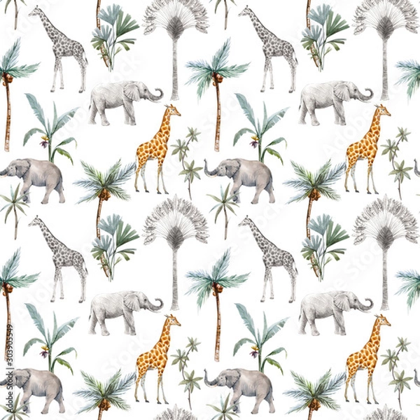 Obraz Watercolor seamless patterns with safari animals and palm trees. Elephant giraffe.