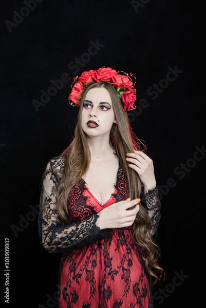 Obraz witch vampire girl in red dress with red veil