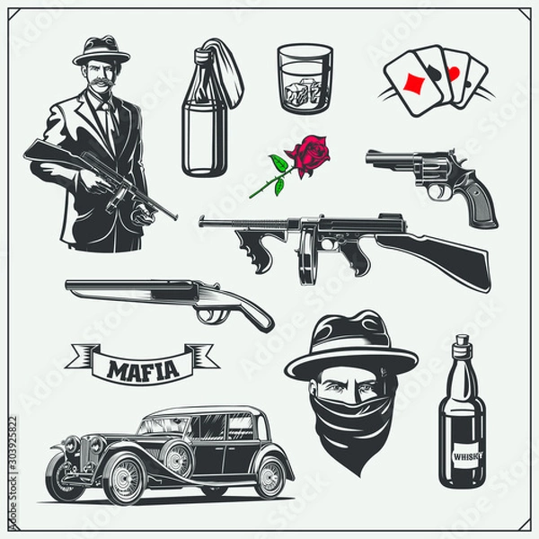 Obraz Set of gangsters and mafia emblems, labels and design elements. Street wars elements, guns, vintage cars.