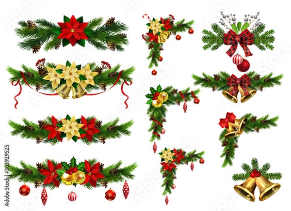 Fototapeta Christmas decorations with fir tree golden jingle bells