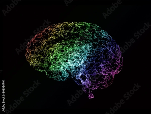 Obraz Streszczenie cyfrowy ludzki mózg, połączone linie i kropki w wielu kolorach