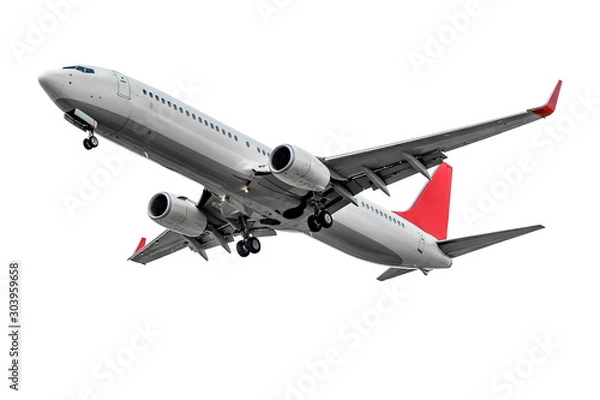 Fototapeta Plane with two turbofan engines, landing gear and red winglets, isolated on white