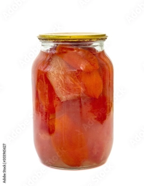 Fototapeta Glass jar with canned tomatoes isolated on a white background.
