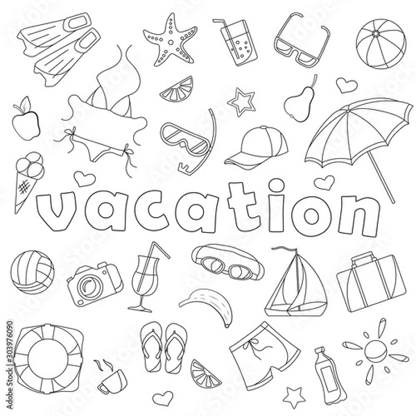 Fototapeta A set of simple  icons  on the subject of vacation , simple outline freehand drawn dark outlines on white background