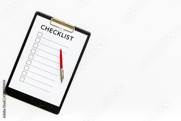 Fototapeta Checklist and pen on white background top view space for text