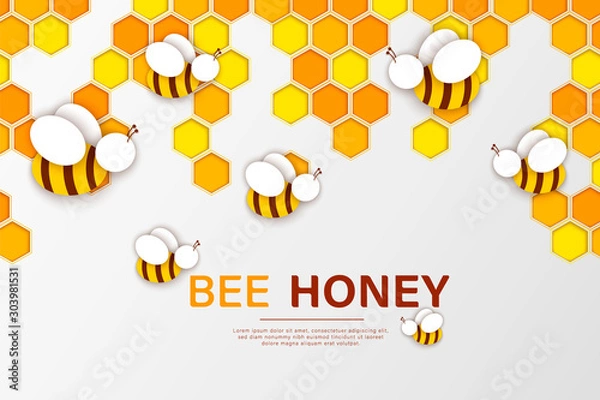Obraz Paper cut style bee with honeycombs. Template design for beekeeping and honey product.