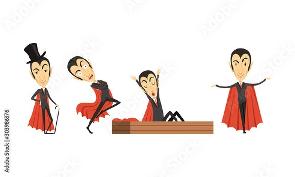 Fototapeta Count Dracula Cartoon Character in Different Poses Vector Set