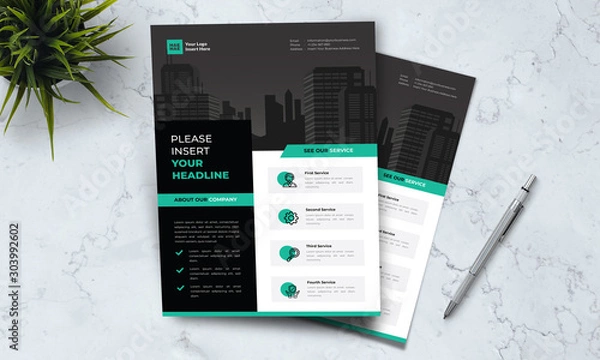 Fototapeta A4 modern elegant business template flayer poster pamphlet brochure with space for photo background in green, grey and white color cmyk ready to print vector editable layer