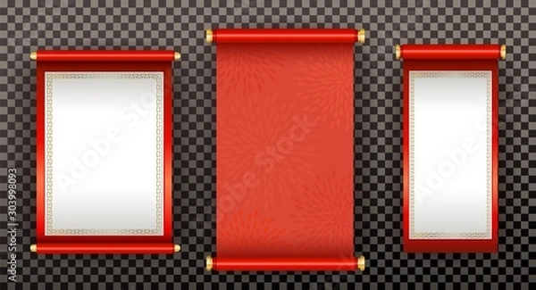 Fototapeta Chinese traditional silk or paper scrolls on transparent background, set of elements for the Chinese holiday and advertising design with copy space. Colored vector illustration