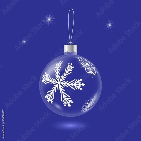 Fototapeta Vector transparent glass christmas tree ball with snowflake pattern on blue background. 3D illustration.