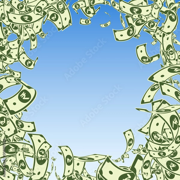 Fototapeta Indian rupee notes falling. Messy INR bills on blu