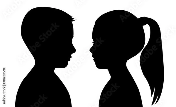 Obraz Black silhouette of a boy and a girl on a white background. The faces are facing each other.  Vector illustration of a contour of the head. Male and female profiles. Children, teens.
