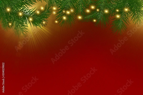 Fototapeta Christmas background tree and sparkle bokeh lights on red canvas background. Merry christmas card. Winter holiday theme. Happy New Year. Space for text