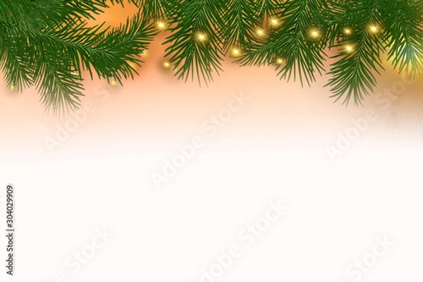 Fototapeta pastel pink background, fir tree, christmas lights. background for advertising or greetings.