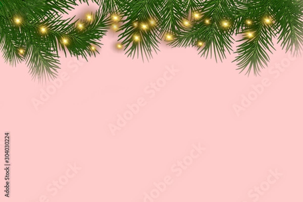 Fototapeta pastel pink background, fir tree, christmas lights. background for advertising or greetings.