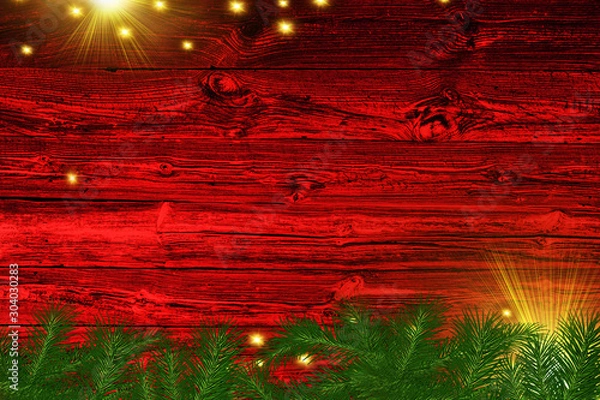 Fototapeta Christmas background tree and sparkle bokeh lights on red canvas background. Merry christmas card. Winter holiday theme. Happy New Year. Space for text