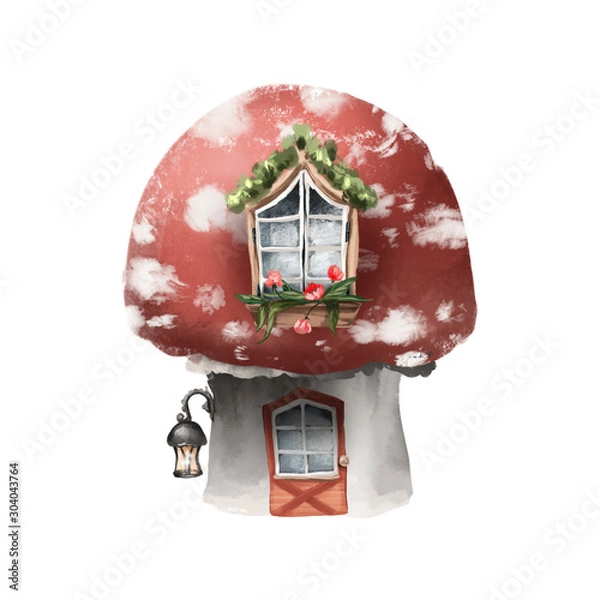 Fototapeta Beautiful fairy house - tea cup with mushrooms and magic lanterns